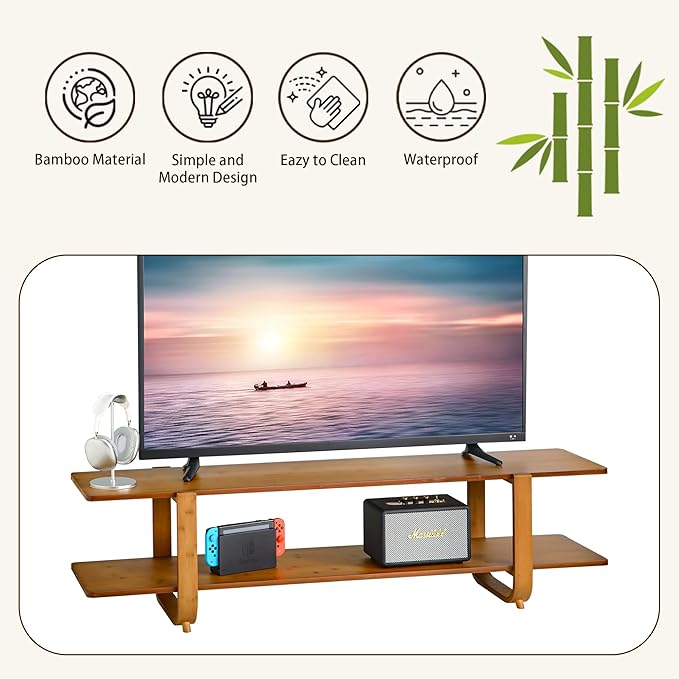 Bamboo TV Stand for TVs up to 65", Media TV Console Table with Storage, Accent Entertainment Center with Shelf, Modern TV Stand for Living Room, Bedroom, 55"(L), Walnut