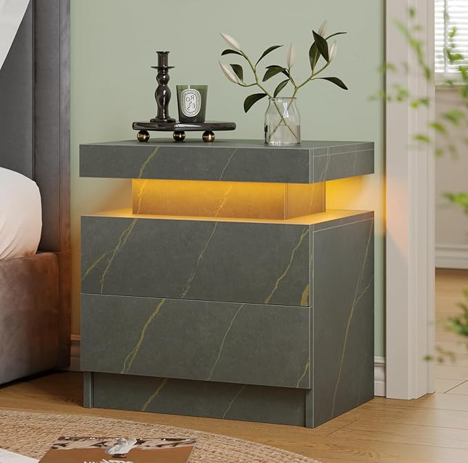 Nightstand LED Bedside Table LED Cabinet LED Lights Modern End Side Table with 2 Drawers for Bedroom Light Grey