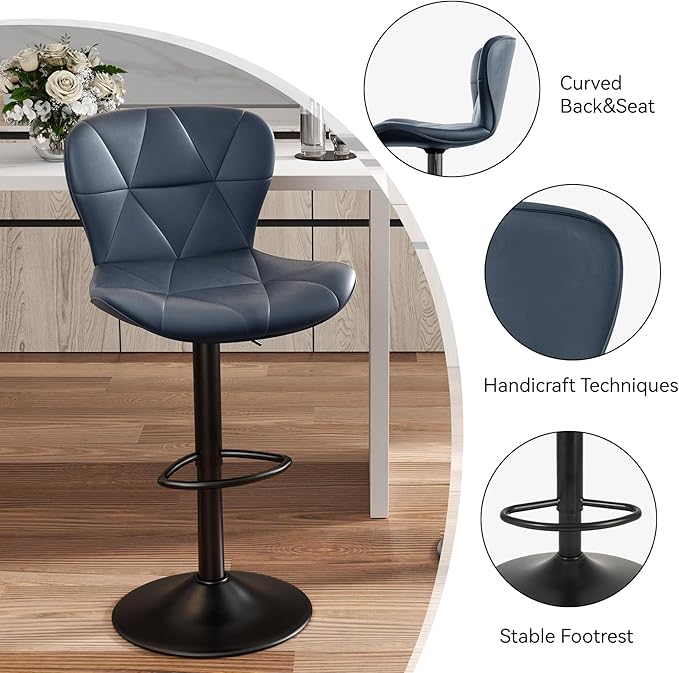 Nalupatio Modern Bar Stools Set of 2, Adjustable Faux Leather Upholstered Swivel Bar Stools, Counter Height Bar Chairs with Back for Kitchen Island, Dark Blue