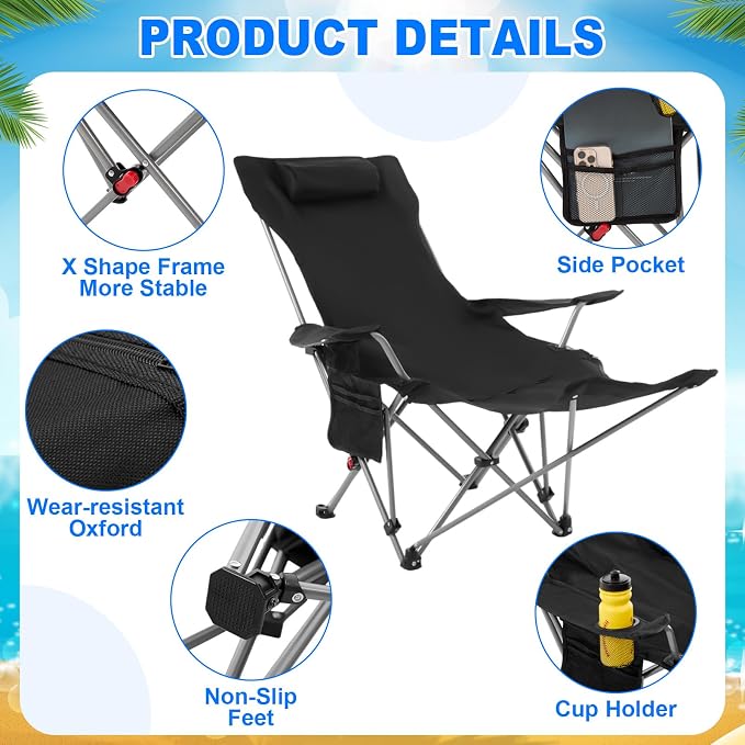Yuntau 2 Set Reclining Beach Chairs with UPF 50+ Umbrellas Shade, Upgraded Heavy Duty Portable Folding Lounge Camping Chair with Canopy Removable Footrest & Headrest for Outdoor Patio(Grey, Black)