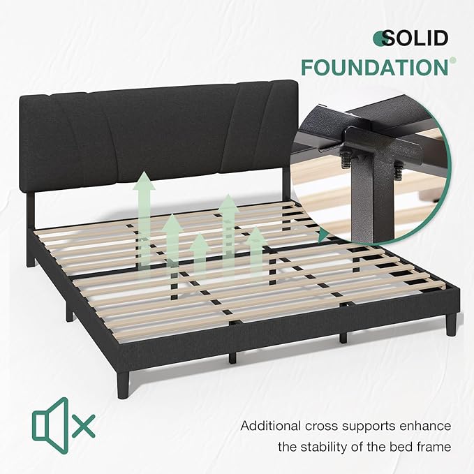 Novilla King Size Bed Frame with Adjustable Headboard Platform King Bed Frame Linen Fabric Upholstered Headboard, No Box Spring Needed, Noise-Free, Wooden Slats Support, Easy Assembly, Dark Grey