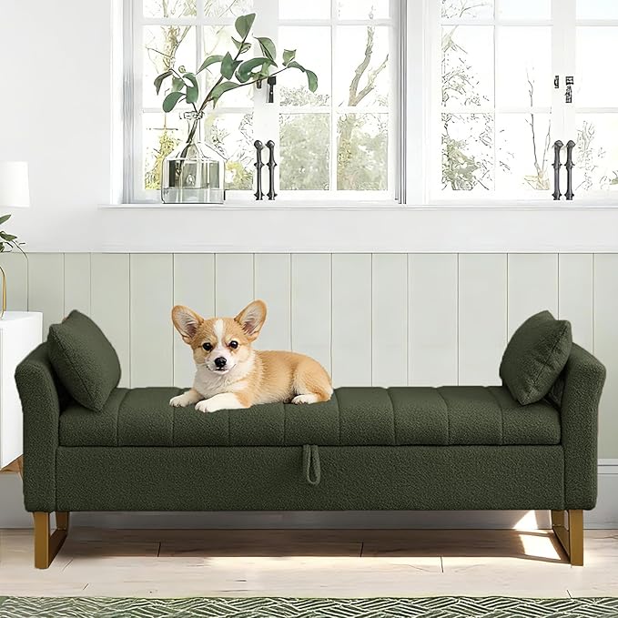 66'' King Size Bedroom Bench with Storage End of Bed, Boucle Bedroom Benches for Foot of Bed with Gold Legs, Teddy Storage Bench with Armrest, Olive Green