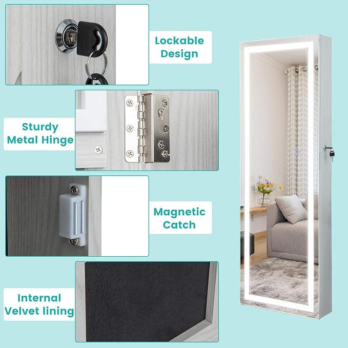 CHARMAID LED Mirror Jewelry Cabinet, 47.2'' Jewelry Armoire with Adjustable Lighted Full Length Mirror, Wall Mounted or Door Hanging, Lockable Jewelry Organizer Storage (Grayish White, 47.2''H)