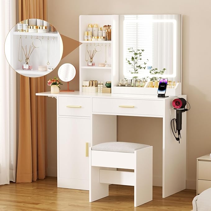 ERLEJIA Vanity Desk with Mirror and Lights & Extral Foldable Desk, 31.5" & 39.3" Makeup Vanity Table with 4 Drawers and 3 Open Shelves, Dressing Table for Bedroom, White