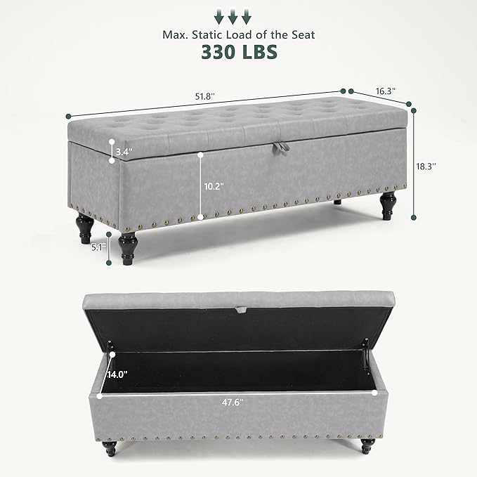 Mangodan 50" Storage Ottoman Bench, Tufted Ottoman with Storage for Living Room, Large End of Bed Ottomans, Modern Entryway Benchs, Window & Bedroom Benches for Foot of Bed (AshGray)