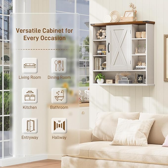 Bathroom Wall Cabinet, Farmhouse Medicine Cabinet with Adjustable Shelves and Barn Doors, Large Wall Mounted Over the Toilet Storage Cabinet for Bathroom, Laundry Room, Kitchen, Rustic White and Brown