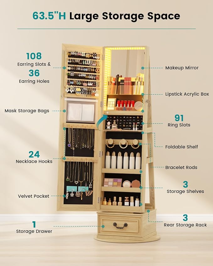 Vlsrka Mirror Jewelry Cabinet Standing, 360° Swivel Jewelry Armoire with Full Length Mirror, Lockable Mirror with Jewelry Storage, 3-Color LED Lights, Foldable Makeup Shelf
