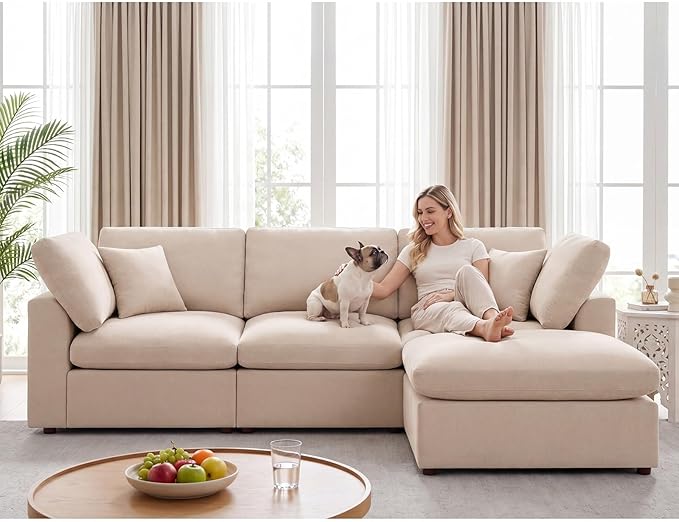 Modular Cloud Sectional Couches for Living Room, Oversized Modular Sectional Sofa with Ottoman, L Shaped 3 Seater Couch with Pillow, Light Camel