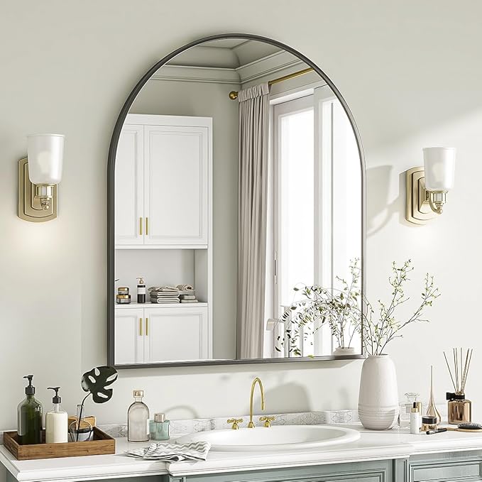 VooBang Arched Wall Mirror, 26 x 28 inch Arch Bathroom Mirror, Wall Mounted Vanity Mirror with Arch Metal Frame, Modern Bathroom Vanity Mirror for Bedroom, Living Room, Hanging or Leaning, Black