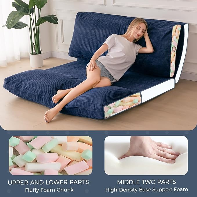 MAXYOYO Folding Sofa Bed, Floor Sofa Convertible Sleeper Chair with Washable Cover, Floor Couch Lounge Bean Bag Chair Bed for Living Room, Navy, 30x95 Inch