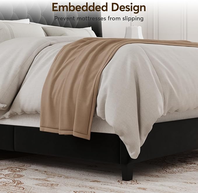 Full Bed Frame with 55" Tall Headboard, Upholstered Bed Frames, Soft Fabric, Button Tufted Headboard with Windback, Platform Bed, Noise-Free, No Box Spring Needed, Black