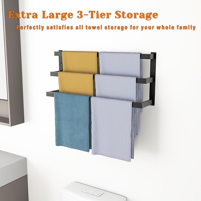 SEIDO 36 Inch 3-Tier Towel Rack, Heavy Duty Square Ladder Design Towel Bar Wall Mounted, Matte Black 304 Stainless Steel Rustproof Towel Holder for Bathroom, Kitchen, Laundry
