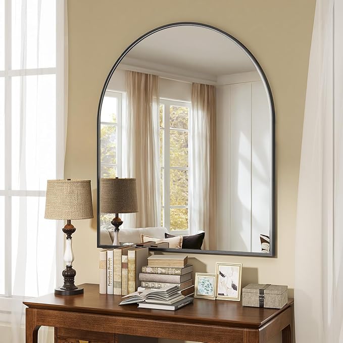 VooBang Arched Wall Mirror, 26 x 28 inch Arch Bathroom Mirror, Wall Mounted Vanity Mirror with Arch Metal Frame, Modern Bathroom Vanity Mirror for Bedroom, Living Room, Hanging or Leaning, Black