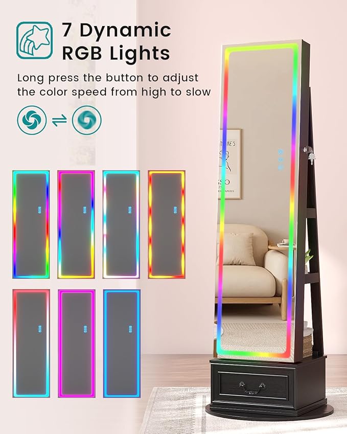 Vlsrka LED Mirror Jewelry Cabinet with Lights, Lockable Full Length Mirror with Storage, Standing Jewelry Armoire Organizer with Touch Screen&RGB Modes for Small Bedroom Spaces, Gift for Women, Black