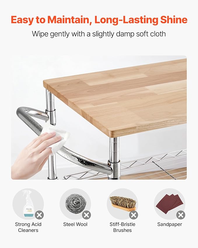 VEVOR Kitchen Utility Cart, 3 Tier Heavy Duty Adjustable Wire Storage Rack with Wood Tabletop and Handle Bar, Rolling Portable Service Trolley on Wheels, 661 lbs Steel Work Table, 30x18x36 in