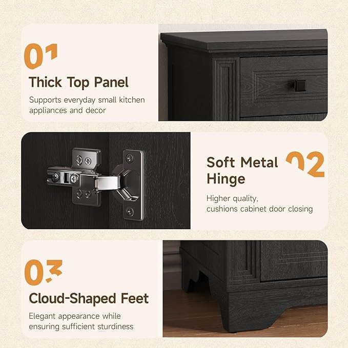 ONBRILL 63" Sideboard Buffet Cabinet, Kitchen Buffet Storage Cabinet, Large Credenza with Drawers & Doors, Wood Coffee Bar Console Wine Bar for Living Room Hallway Black