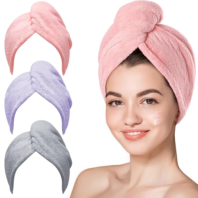 Hicober マイクロファイバー ヘアタオル 3枚セット ヘアターバン 濡れた髪用 乾燥用ヘアラップタオル 巻き髪用 女性向け 髪の広がりを抑える (ピンク、パープル、グレー)