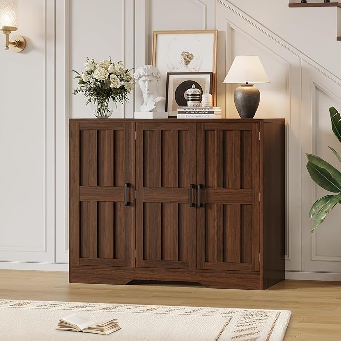 Modern Farmhouse Buffet Cabinet with Storage, 42" Large Sideboard Storage Cabinet with 3 Barn Doors, Coffee Liquor Bar Cabinet Wood Table Credenza with Adjustable Shelf for Kitchen Dining Living Room