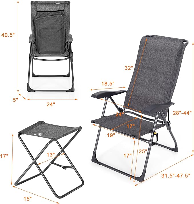 Giantex 4 Pcs Folding Patio Chairs with Footrest, Adjustable Back, 2 Pack Outdoor Portable Sling Patio Dining Chairs for Camping Lawn Bistro Porch Garden Yard Pool