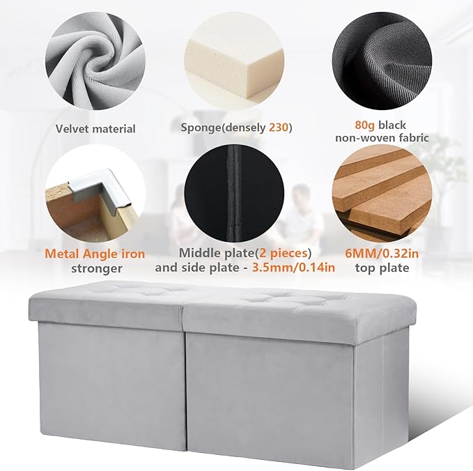 AmasSmile® Storage Ottoman Foot Rest Stool, 34 inch Velvet Footstool Bench, Short Ottoman Stool, Small Folding Storage Ottoman Store Books, Records, Grey