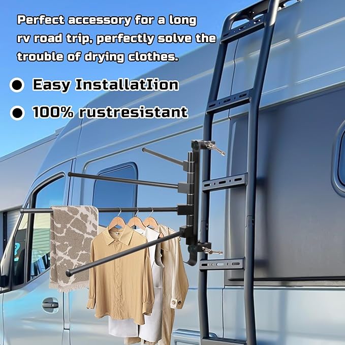 RV Clothes Drying Rack, Four 15.3" Long Rack Arms, Aluminum, 304 Stainless Steel Accessories, No Drilling Anti-Rust for Ladder, Boats, RV, Camper, Trailer, Travel, Hotel, Home