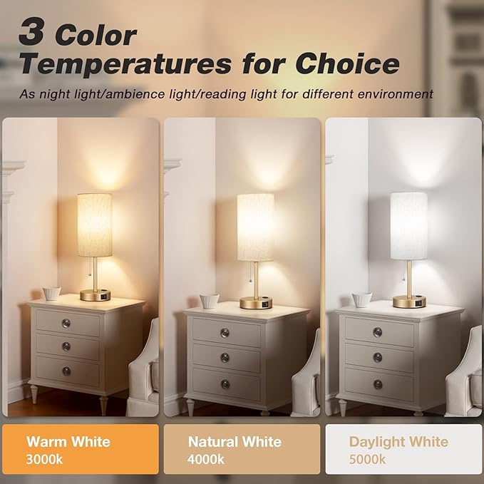 Dicoool Gold Bedside Table Lamp for Bedroom, 17Inch Tall Nightstand Lamp with USB C & A Ports & AC Outlet, 3 Color Temperatures Pull Chain Side Table Lamp for Living Room/Kitchen/Dorm/Office