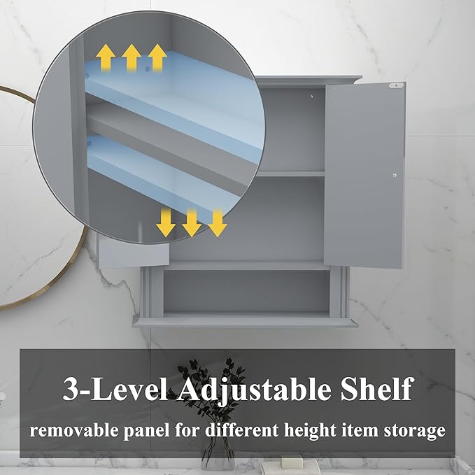 Wall Mounted Bathroom Cabinet Wooden Storage Cabinet with 2 Doors & Adjustable Shelf, Hanging Wall Cabinet Over Toilet, Upper Cabinet Storage Cupboard forBathroom, Kitchen,Laundry Room, Light Grey