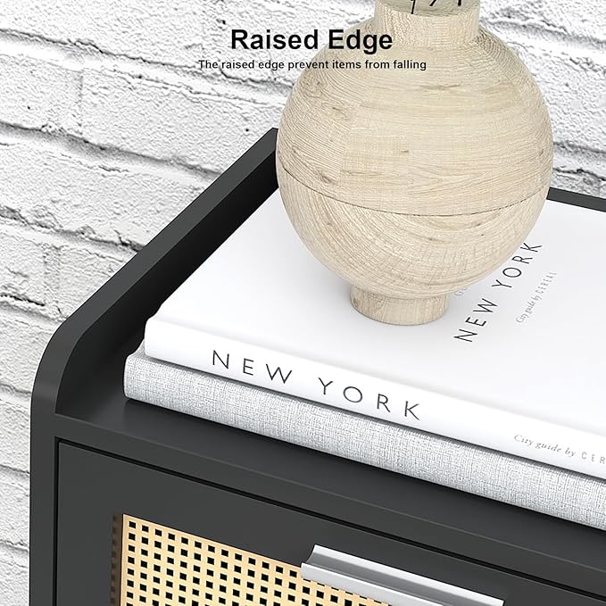 LAATOOREE Nightstand Set of 2, Small Black Bedside Table, End Table with Rattan Door, Boho Side Table with Solid Wood Legs for Bedroom Living Room Small Space