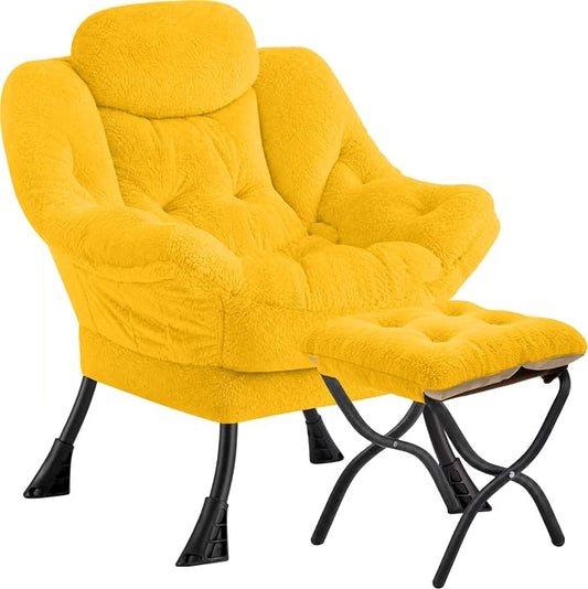 Lazy Chair with Folding Ottoman,Leisure Sofa Chair,Soft Fabric Armchair with Armrests and Side Pockets, Reading Chair with Footrest for Living Room, Bedroom, Office (Plush Yellow)