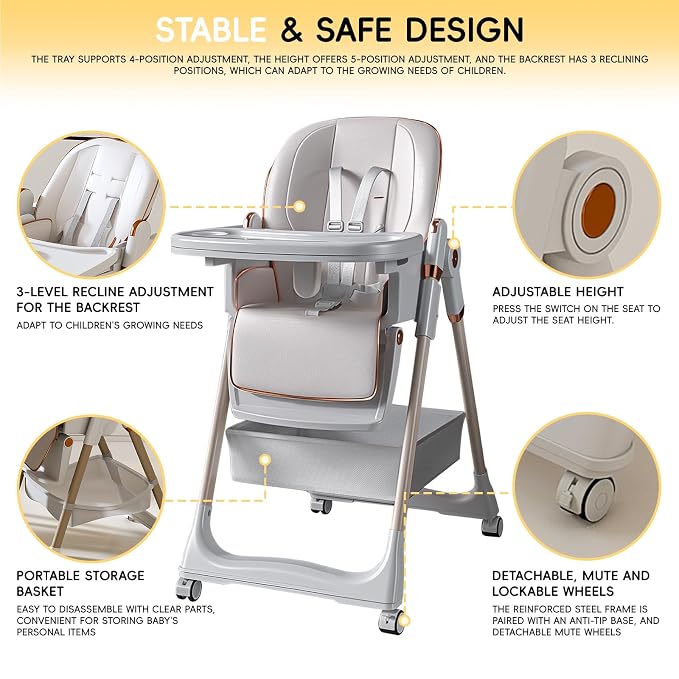 Foldable Baby High Chair with 150° Swing & Recline,Convertible High Chairs for Babies and Toddlers,5 Height Levels,3 Backrest & Footrest Positions,Removable Double Tray,Lockable Wheels (White 1)