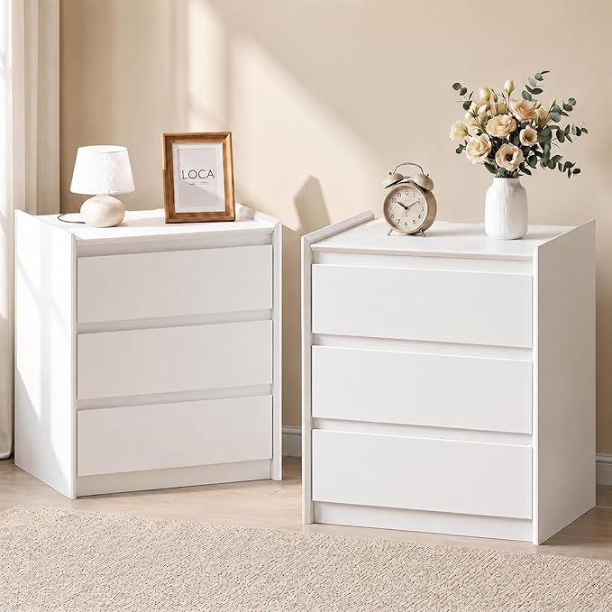 24" Tall Nightstand with Charging Station Including USB-C, Modern Bedside Table and Sofa End Table - White, 3 Drawers, Set of 2