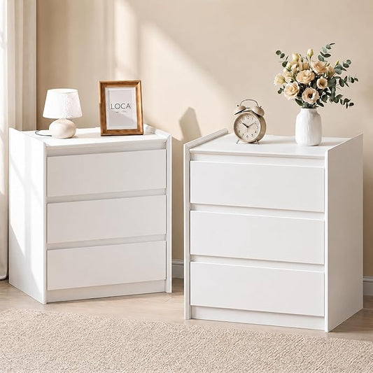 24" Tall Nightstand with Charging Station Including USB-C, Modern Bedside Table and Sofa End Table - White, 3 Drawers, Set of 2