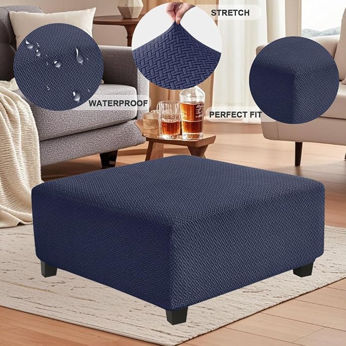 Levoberg Waterproof Square Ottoman Cover Large Square Folding Storage Ottoman Bench Slipcovers Footrest Stool Covers Oversized Ottoman Coffee Table Covers Cube with Elastic Bottom L Navy