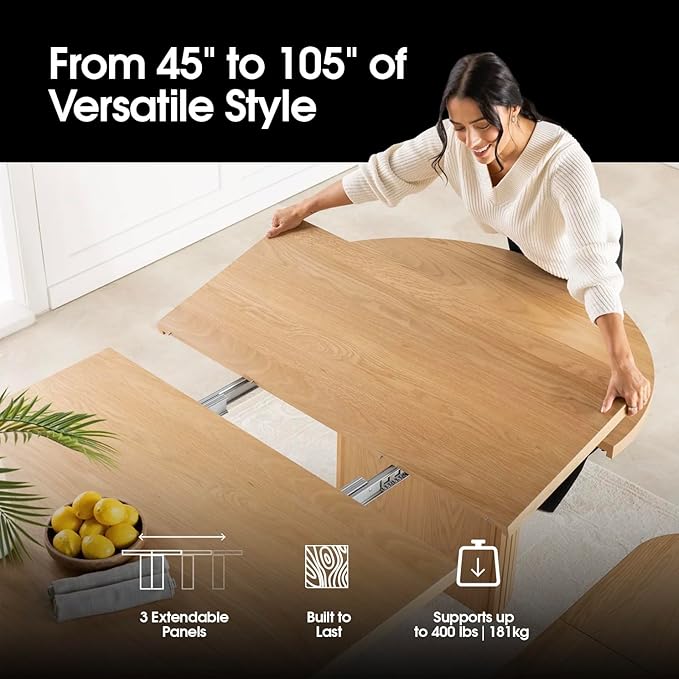 Transformer Table - Solid Wood Extendable Round Dining Table, Extendable Round Dining Table, Space-Saving Modern Furniture, Elegant and Functional Design, Natural (Table Only)