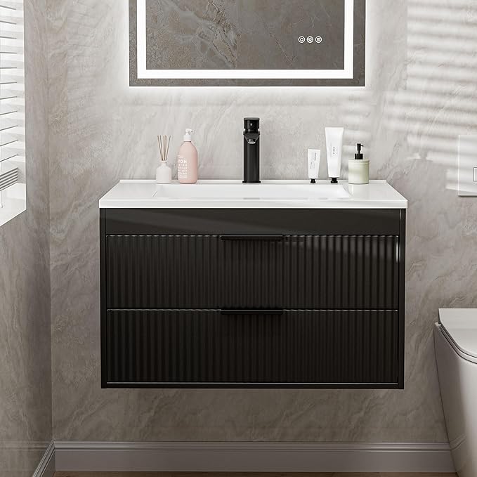 30 Inches Modern MDF Bathroom Vanity with Sink, Wall Mounted Floating Cabinets w/Double Drawers, Black Handles, White Resin Sink Combo Set (Black, 30")