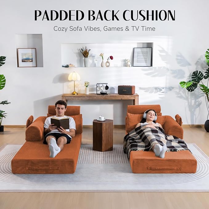 79" Convertible Boneless Couch for Small Spaces, 6-in-1 Corduroy Sofa Bed with High Backrest, Pillows, High-Density Foam Loveseat Sleeper Couch in a Box for Living Room, No Assembly, Orange
