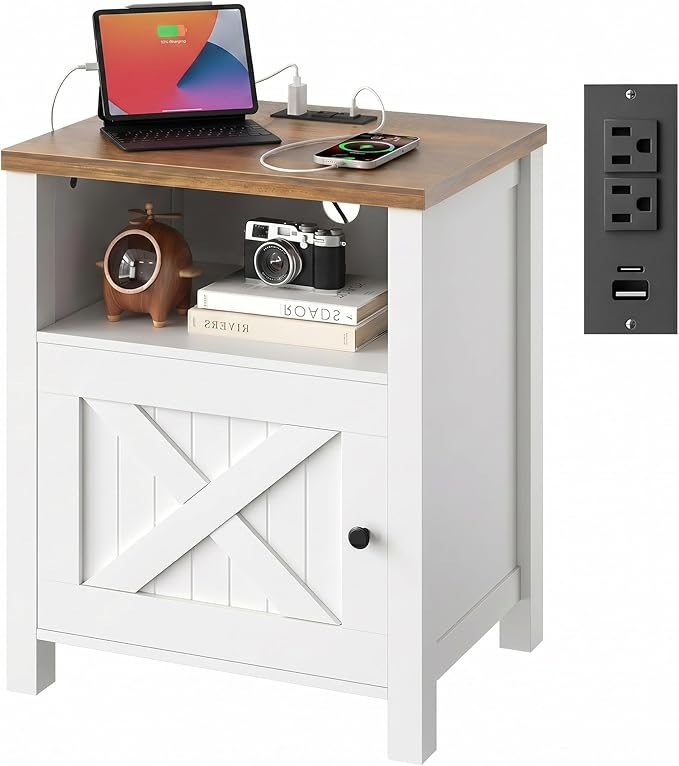 Marsail Farmhouse Nightstand, Wood Bedside Table with Charging Station, Night Stand with Shelf and Doors, End Table with Storage Side Table for Bedroom, White & Brown (1 Pack)