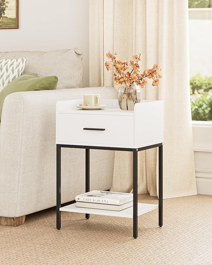 Nightstand, Modern Bedside Table with Drawer and Legs,White and Black Night Stand with Open Shelf, Narrow Side Table for Bedroom, Living Room
