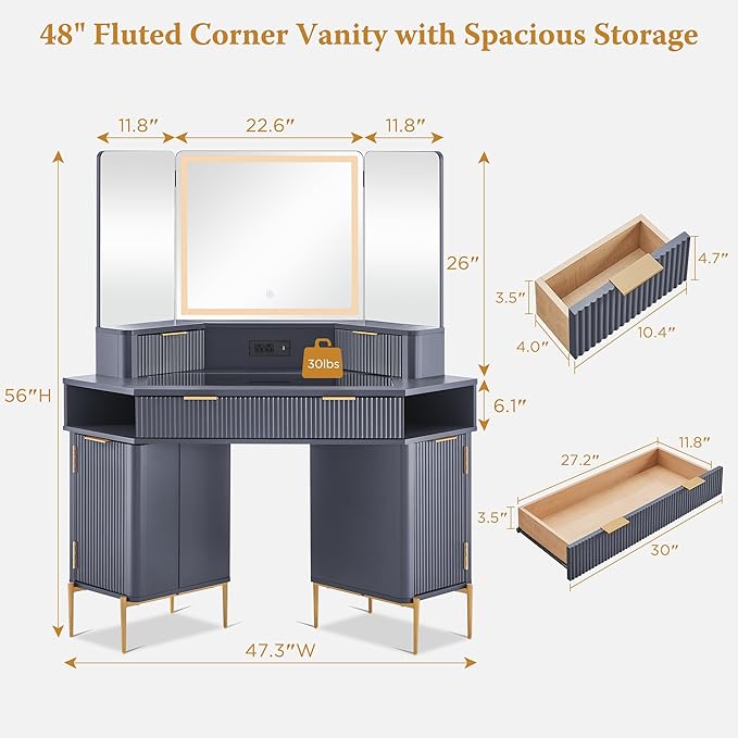 T4TREAM Corner Vanity Desk with Mirror and Lights, 48" Modern Fluted Makeup Vanity with Glass Top, 3-Panel Lighted Mirror & Charging Outlet, Dressing Table with 3 Drawers & 2 Cabinets, Dark Grey
