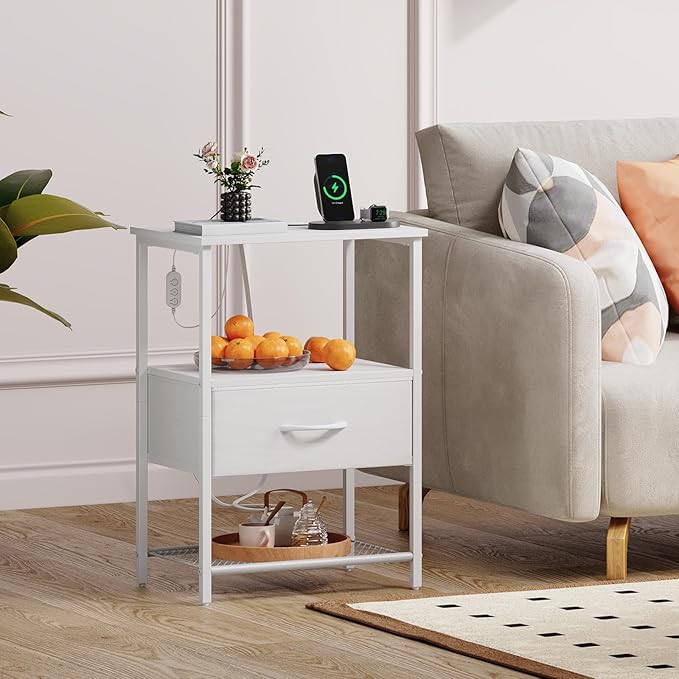 Somdot Nightstand with Charging Station and LED Light for Bedroom, Bedside Table End Table for Dorm Guest Room Bedside Kids Laundry Closet Entryway Hallway, White Leather