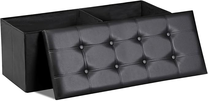 SUPER DEAL 43 Inch Folding Storage Ottoman Bench, Faux Leather Storage Chest Shoes Bench with Divider Padded Seat Couch Footrest for Bedroom Entryway, 660 lbs Capacity 43"x 15"x 15", Black