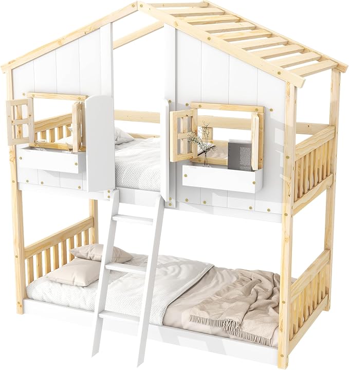 Wooden Twin Over Twin Floor Bunk House Bed with Door and Window Built-in Storage Box, Low Loft Bunk Bed for Kids Girls Boys Adults, No Box Spring Needed, Natural/White