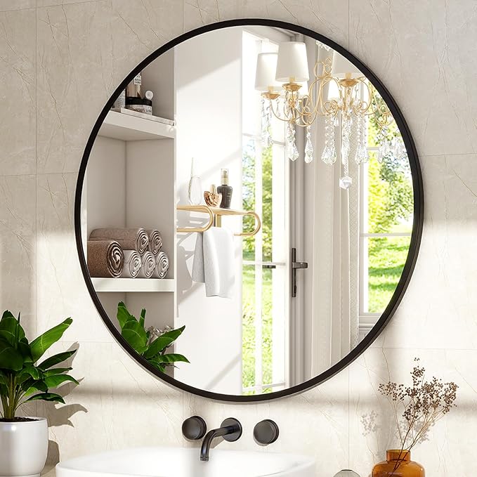 XRAMFY 30 Inch Round Mirror - Circle Mirrors for Bathroom, Entryway and Living Room Wall Decor, Modern Hanging Vanity Mirror, Matte Black Circle Decorative Wall Mirror
