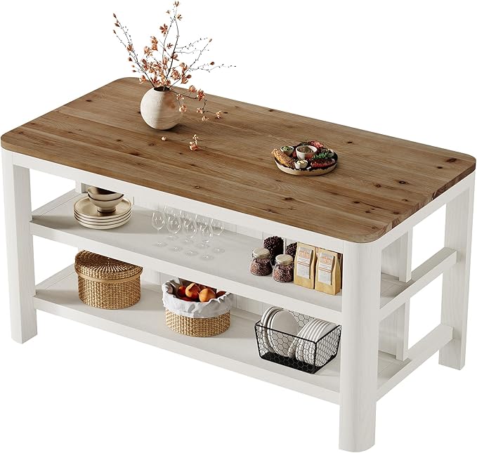 63-Inch Solid Wood Kitchen Island with Storage Shelves, Farmhouse Island Table with Seating, Counter Height Bar Table for Dining Room, Kitchen, Easy to Assemble, White and Brown