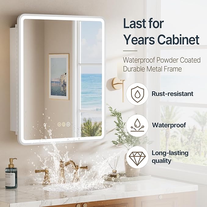 24x30 Inch Medicine Cabinet with Mirror, Recessed or Surface Mount Bathroom Medicine Cabinet with LED Lights, Anti-Fog, Memory Function, Adjustable Shelf, Dimmable Light, ETL Listed, White,Right Hinge