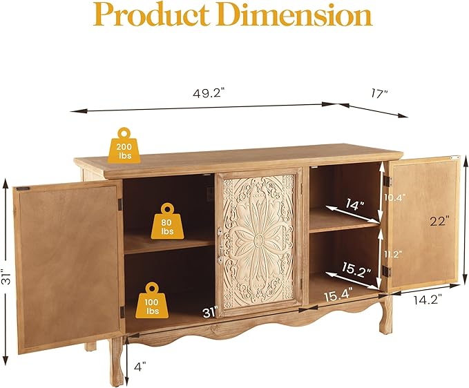 RoyalCraft Farmhouse Sideboard Buffet Cabinet with Storage, 49" Solid Wood Credenza Buffet Table Coffee Bar Wine Bar Storage Cabinet with 3 Doors for Dining Room Living Room Hallway, (Provence Grain)