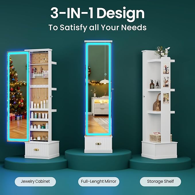 HNEBC LED Jewelry Cabinet Standing, Full Length Mirror with Storage/3 Color Adjustable LIghts, Jewelry Armoire has 3 Photo Frames/4 Shelfs/1 Drawer,Space-Saving Organizer,Gifts for Women