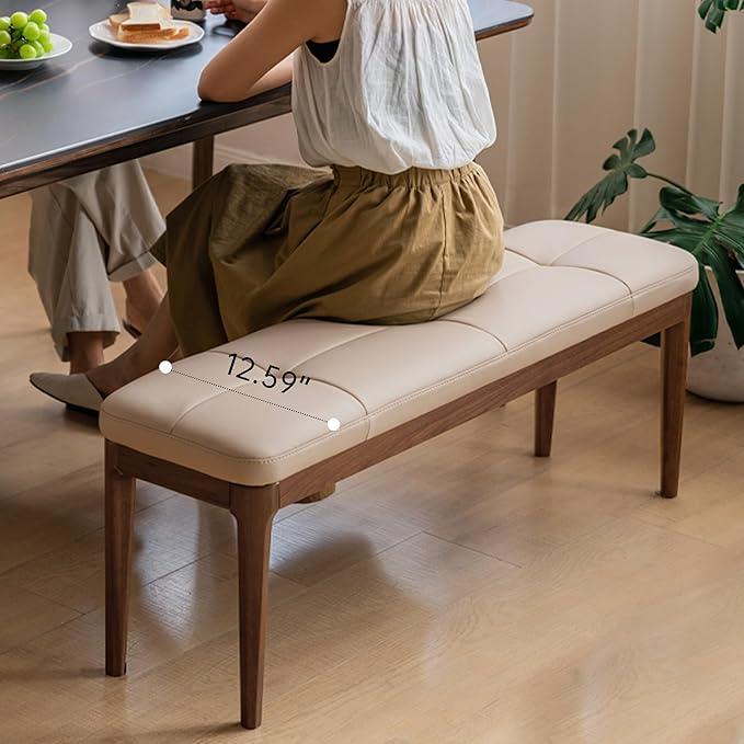55.1'' Black Walnut Tufted Leather Dining Bench, Bedroom End of Bed Leather Upholstered Bench for Entryway with 100% Solid Black Walnut Leg Frame