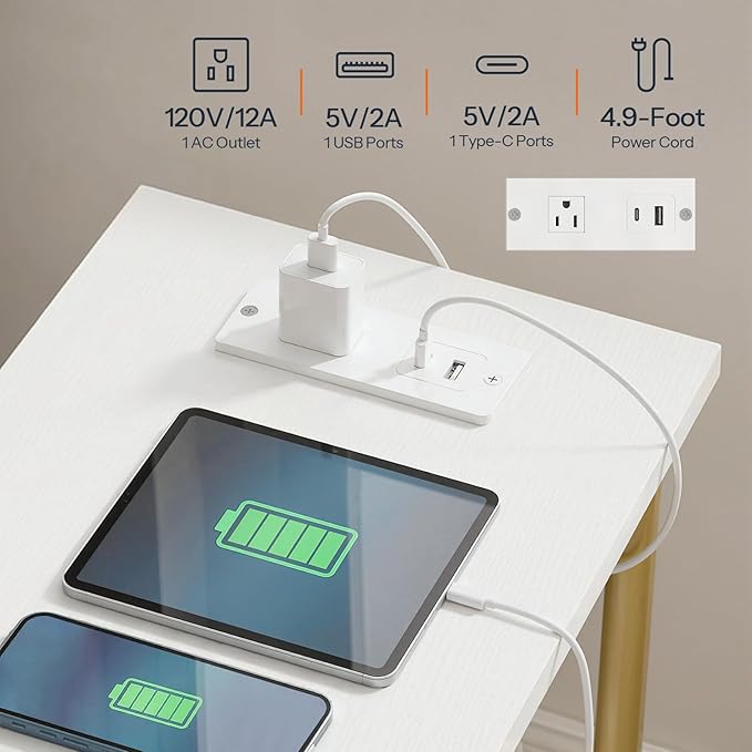 HOOBRO Side Table with Charging Station, Set of 2 End Tables with USB Port and Outlets, Nightstand with 2-Layer Storage Shelves for Small Spaces, Living Room, Bedroom, White and Gold DW09UBZP201