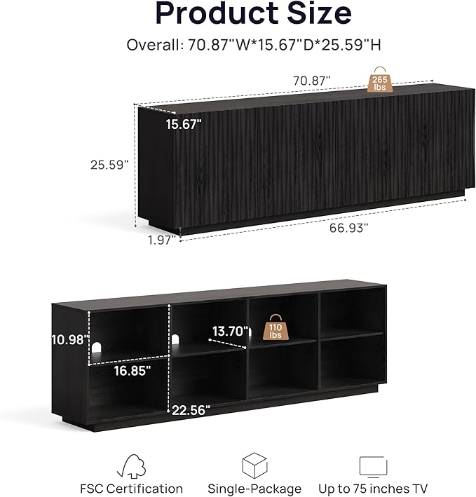 CHIC HOUSE 70" Fluted Mid Century Modern Buffet Cabinet with Storage, Farmhouse Storage Sideboard Cabinet with Doors, Accent Cabinet & Media Console for Living Room, Entryway, Black Walnut